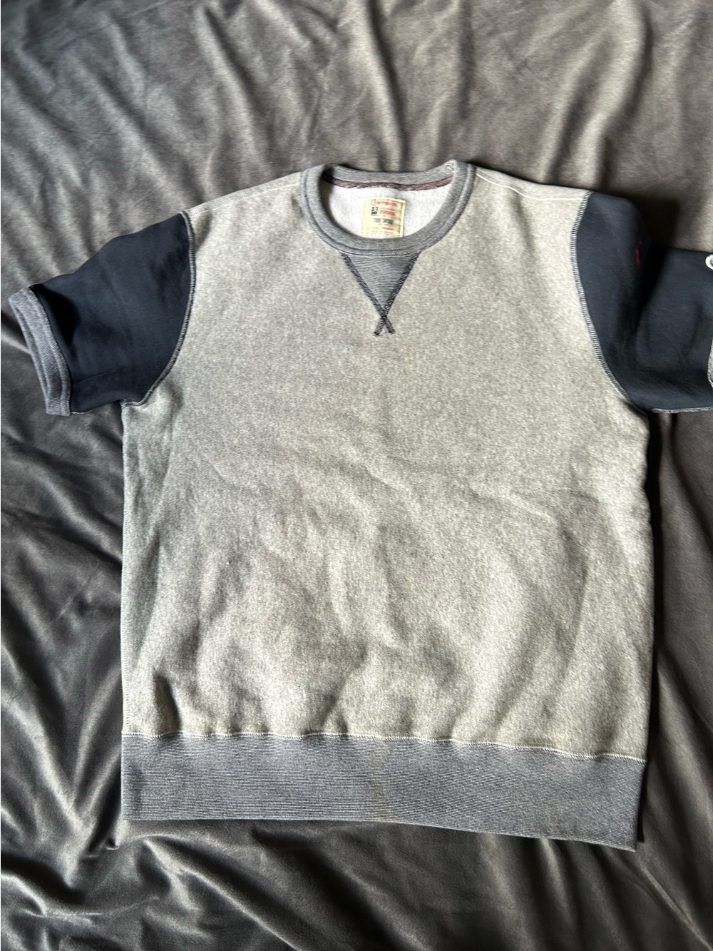 Todd Snyder x Champion Gray Crewneck Sweatshirt with Navy Short Sleeves